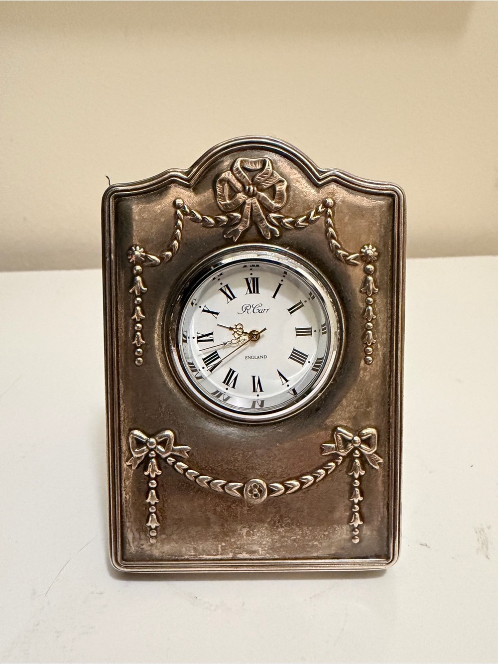 R Carr of Sheffield Sterling Silver miniature clock  hallmark Working